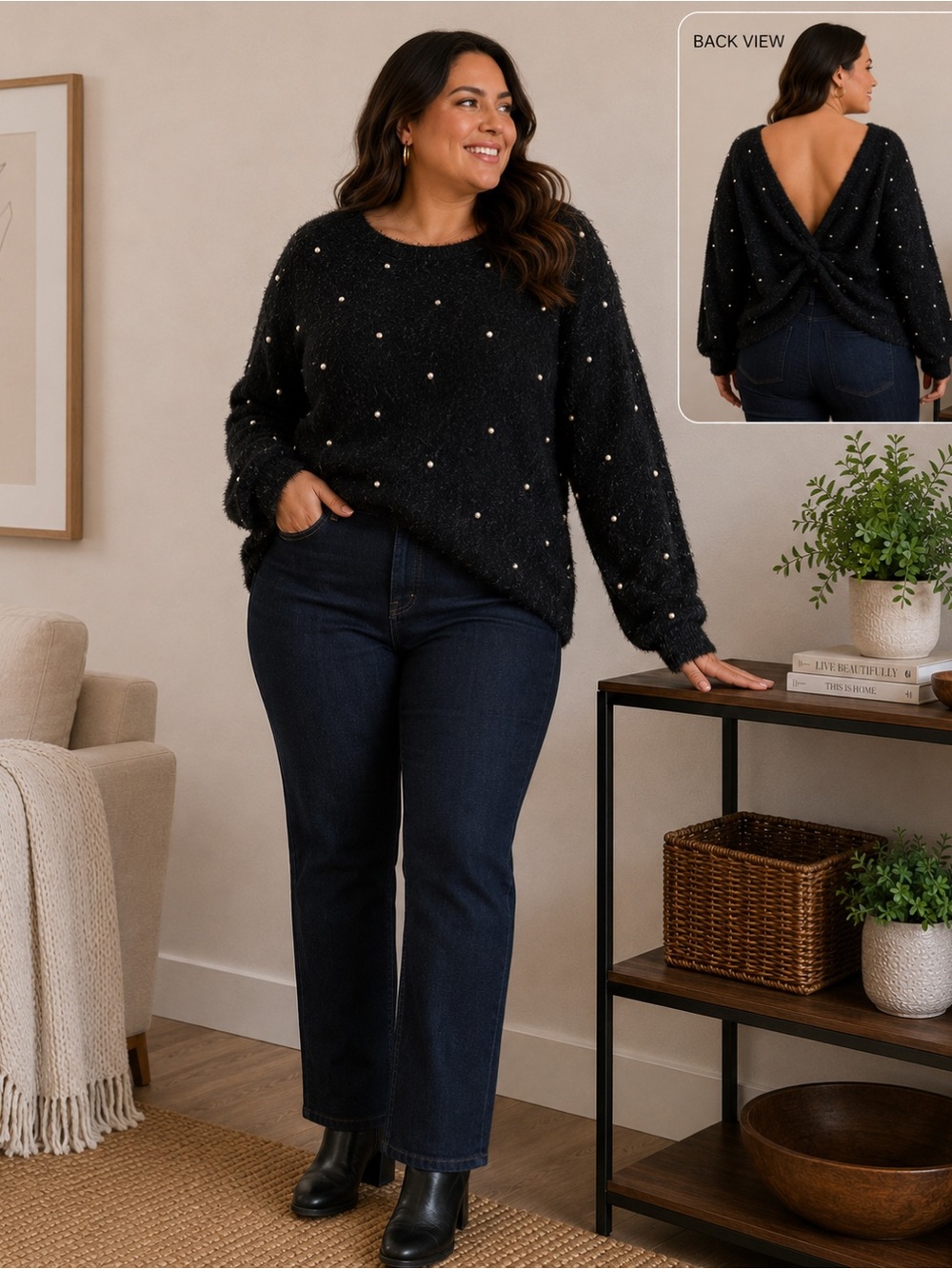 Eloquii Black Faux-Fur Knit Sweater with Pearl Accents